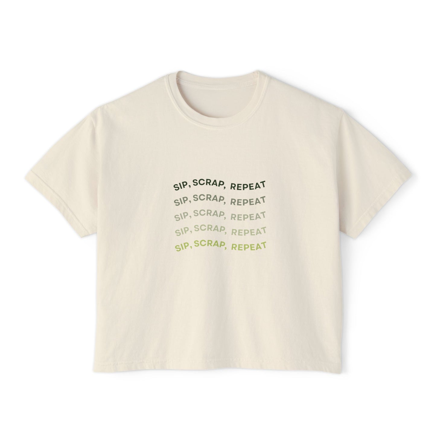 Women's Boxy Tee — "Sip, Scrap, Repeat" Casual Crafting Graphic Tee