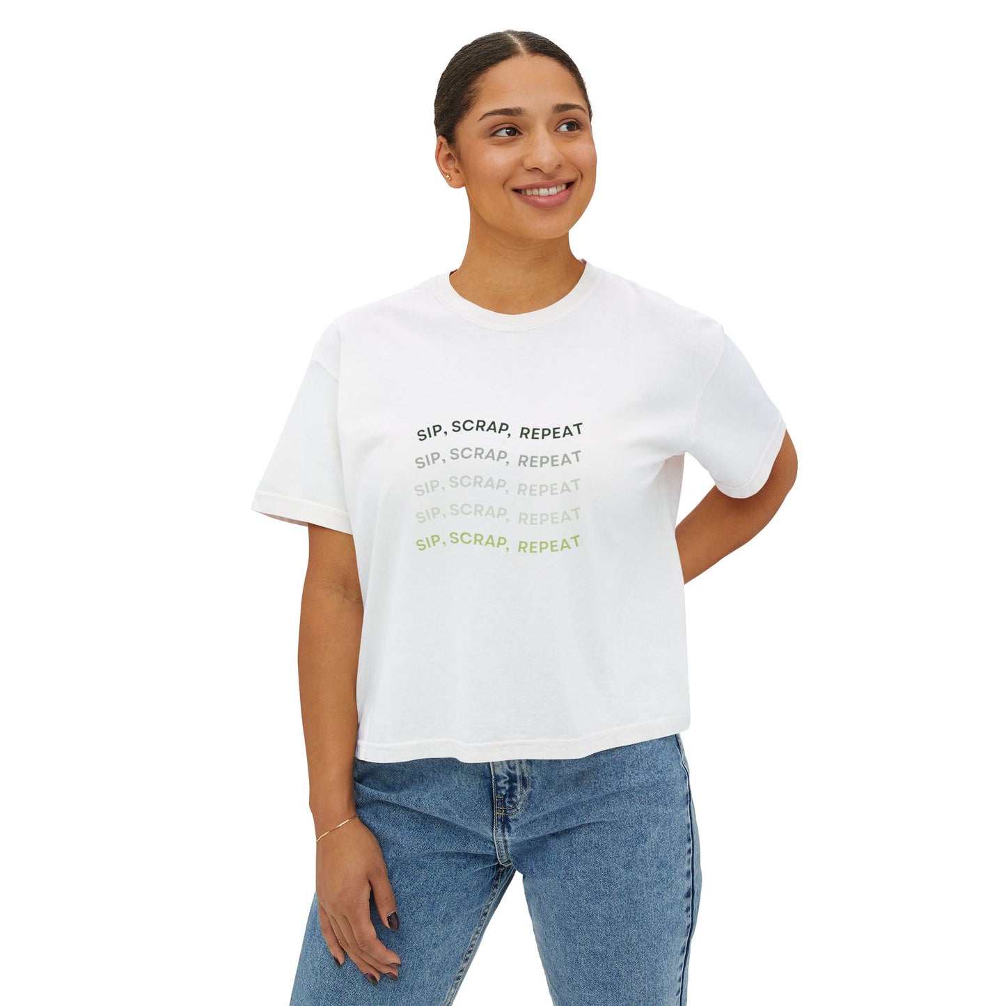 Women's Boxy Tee — "Sip, Scrap, Repeat" Casual Crafting Graphic Tee
