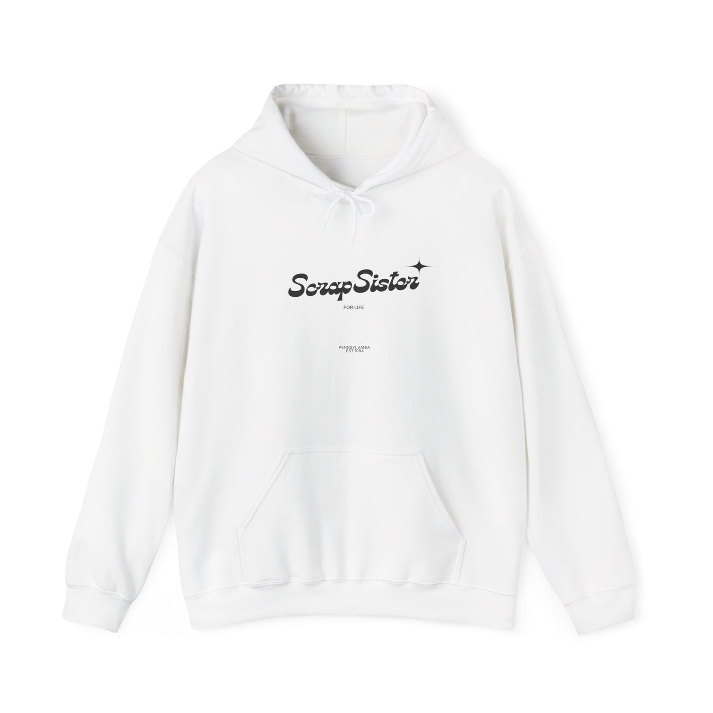 ScrapSister for Life script logo Hoodie | Minimal Black Script on White Hooded Sweatshirt