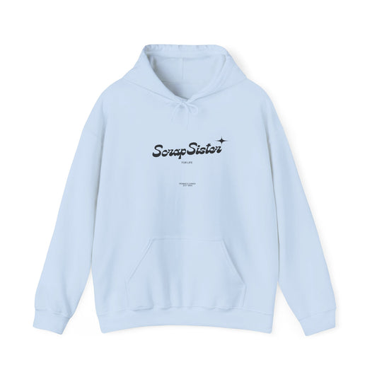 ScrapSister for Life script logo Hoodie | Minimal Black Script on White Hooded Sweatshirt