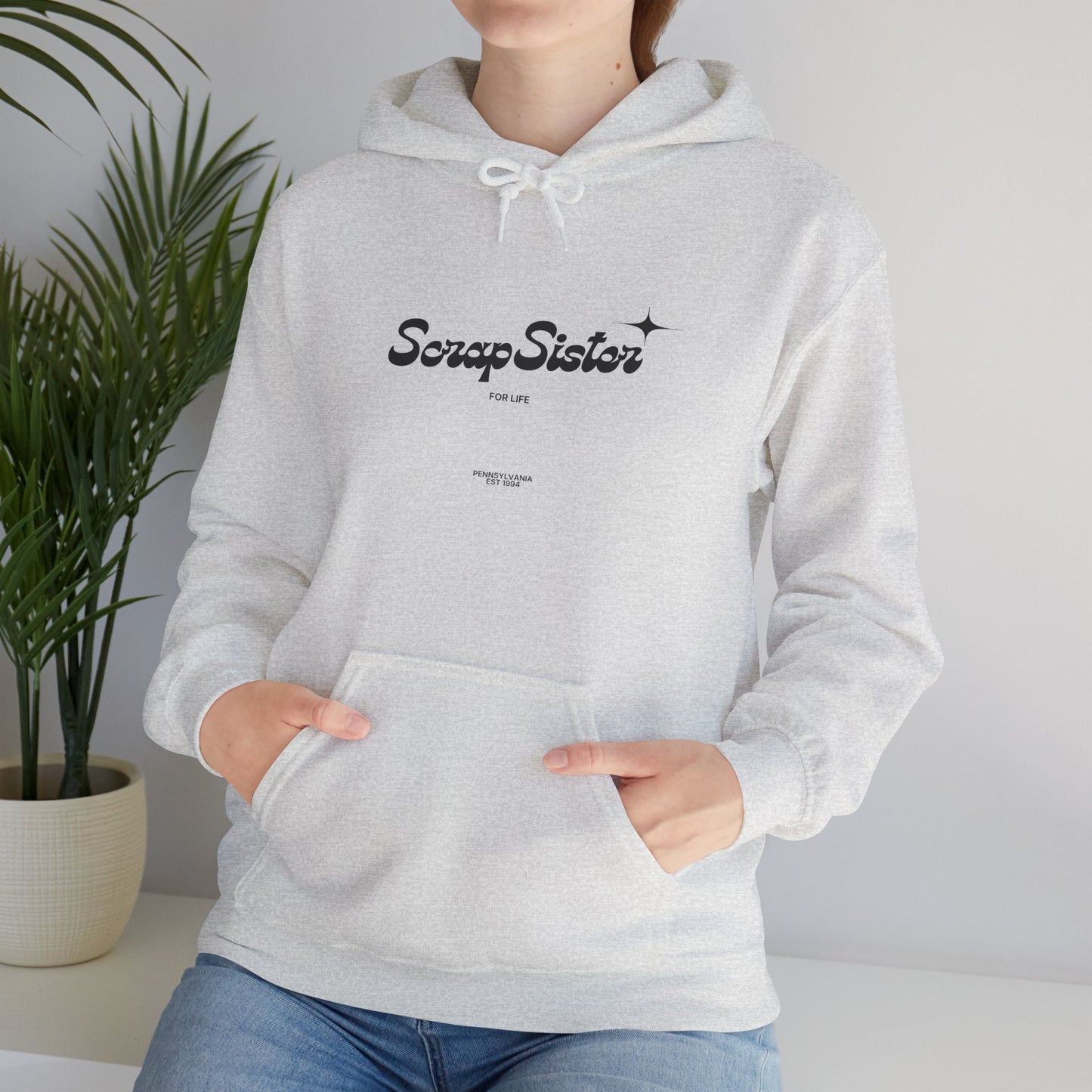 ScrapSister for Life script logo Hoodie | Minimal Black Script on White Hooded Sweatshirt