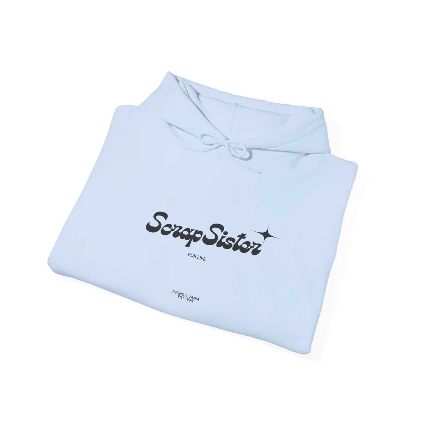 ScrapSister for Life script logo Hoodie | Minimal Black Script on White Hooded Sweatshirt