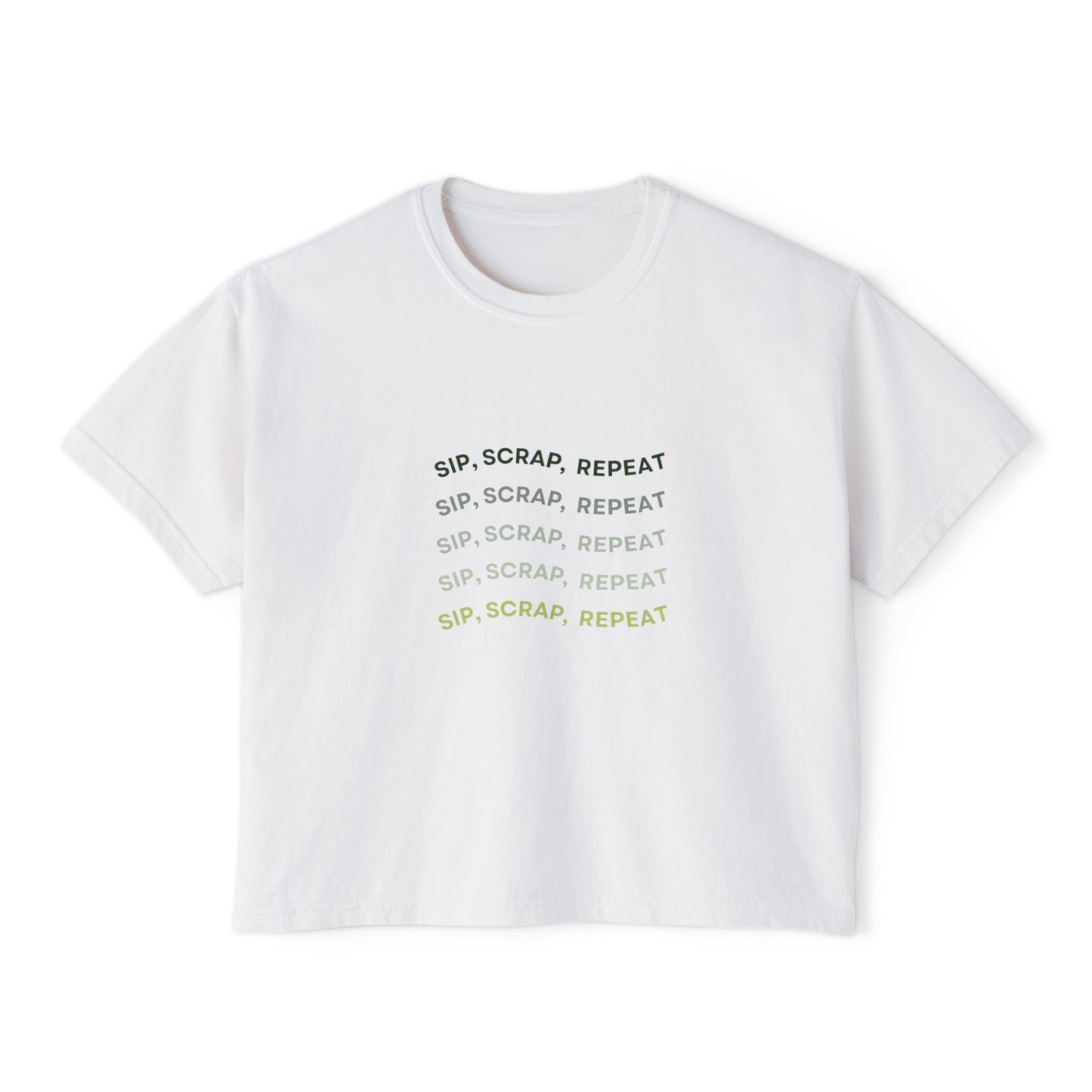 Women's Boxy Tee — "Sip, Scrap, Repeat" Casual Crafting Graphic Tee
