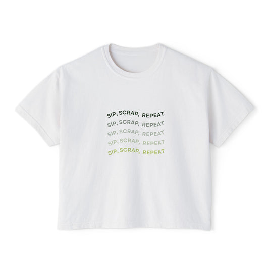 Women's Boxy Tee — "Sip, Scrap, Repeat" Casual Crafting Graphic Tee