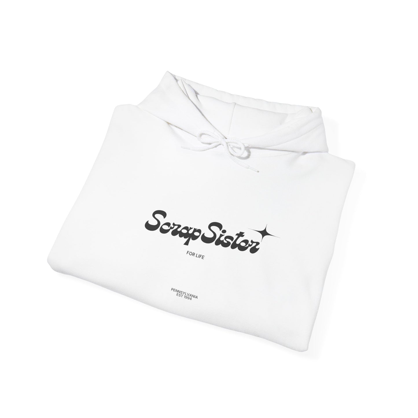 ScrapSister for Life script logo Hoodie | Minimal Black Script on White Hooded Sweatshirt